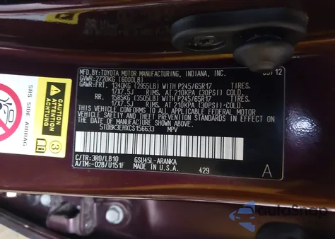 2012 Toyota Highlander Se V6 из США, поврежденный, VIN 5TDBK3EHXCS156633